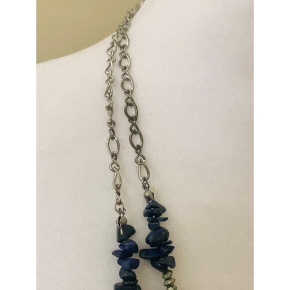 Two Strand Beaded Silver Chain Blue Chip Yellow Teardrop Necklace - Picture 5 of 6